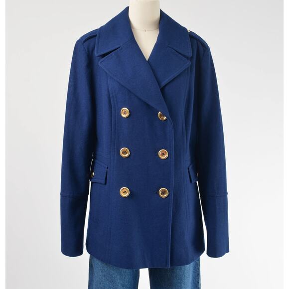 Michael Kors Navy Blue Wool Military Style Peacoat with Gold Buttons XL - Picture 2 of 8
